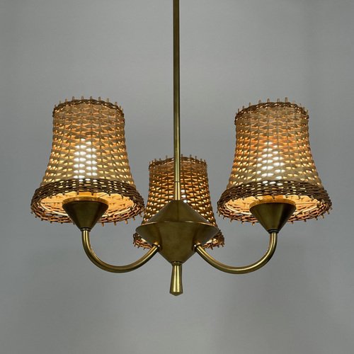 Rattan & Brass 3-Light Chandelier, Austria, 1950s