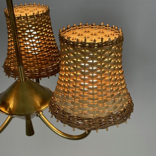 Rattan & Brass 3-Light Chandelier, Austria, 1950s