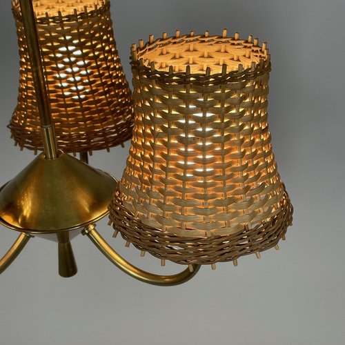 Rattan & Brass 3-Light Chandelier, Austria, 1950s