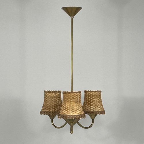 Rattan & Brass 3-Light Chandelier, Austria, 1950s