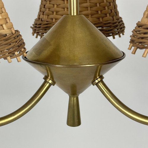 Rattan & Brass 3-Light Chandelier, Austria, 1950s