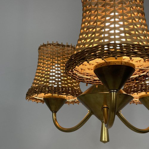 Rattan & Brass 3-Light Chandelier, Austria, 1950s