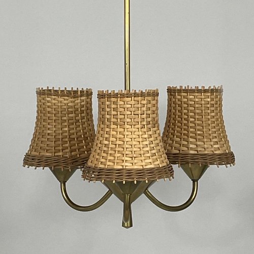 Rattan & Brass 3-Light Chandelier, Austria, 1950s