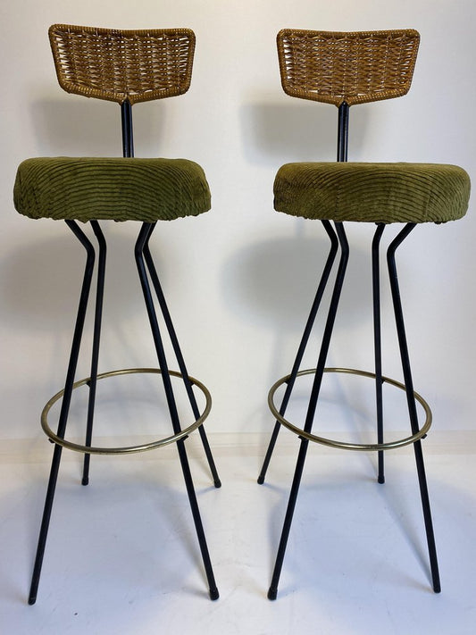 Rattan & Brass Bar Stools by Herta Maria Witzemann for Hugo Müller, 1950s, Set of 2