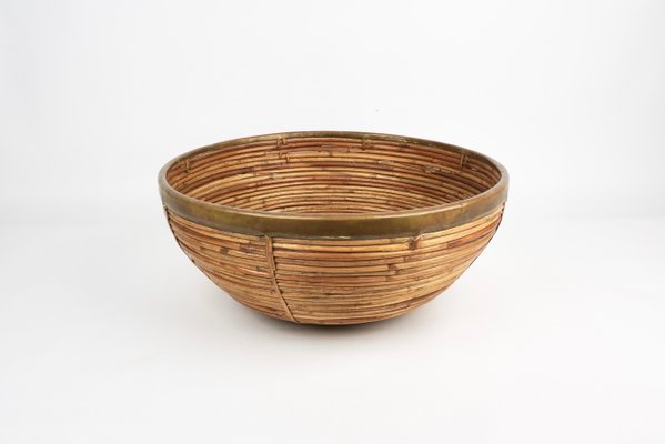 Rattan & Brass Centerpiece or Bowl, Italy, 1970s-LYQ-1171232