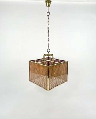 Rattan, Brass & Glass Pendant Light, Italy, 1970s-LYQ-1333944