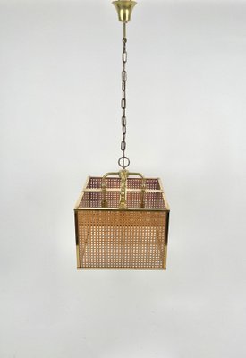 Rattan, Brass & Glass Pendant Light, Italy, 1970s-LYQ-1333944