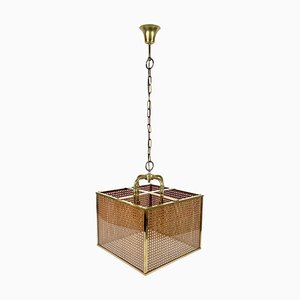 Rattan, Brass & Glass Pendant Light, Italy, 1970s-LYQ-1333944