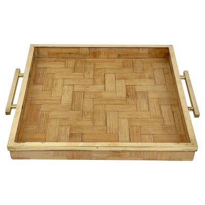 Rattan & Brass Serving Tray by Tommaso Barbi, Italy, 1970s-LYQ-1171238