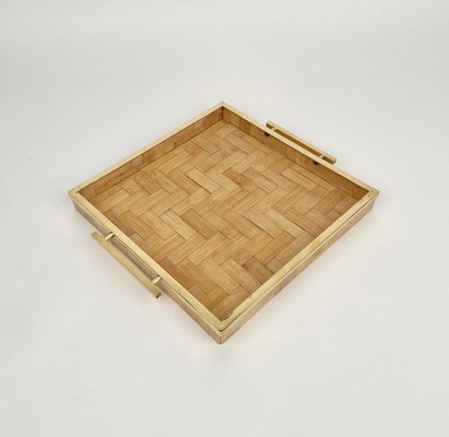 Rattan & Brass Serving Tray by Tommaso Barbi, Italy, 1970s-LYQ-1171238