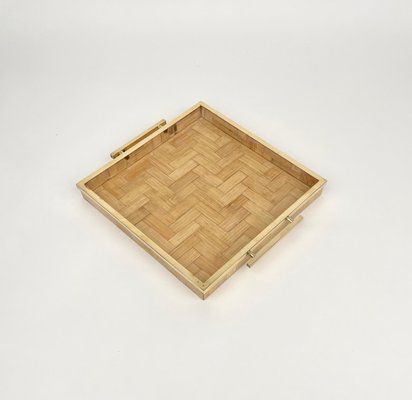 Rattan & Brass Serving Tray by Tommaso Barbi, Italy, 1970s-LYQ-1171238