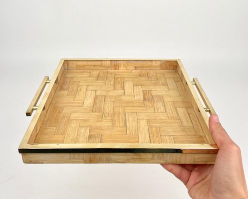 Rattan & Brass Serving Tray by Tommaso Barbi, Italy, 1970s-LYQ-1171238