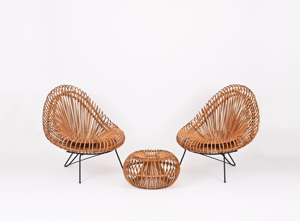 Rattan Chairs, Pouf and Mirror attributed to Janine Abraham & Dirk Jan Rol, 1960s, Set of 4