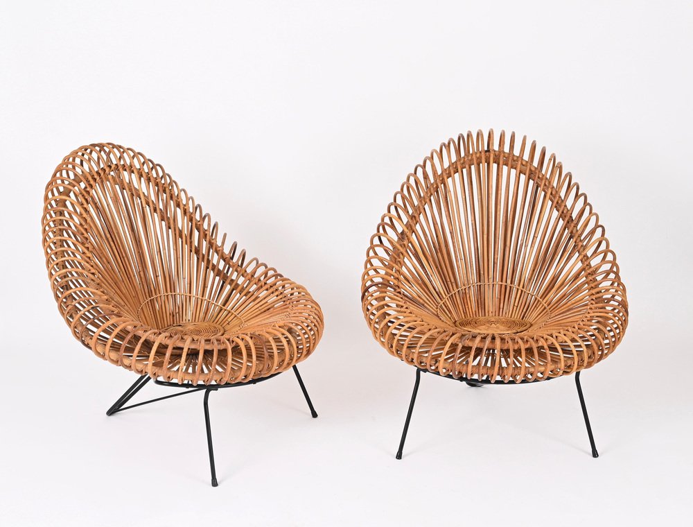 Rattan Chairs, Pouf and Mirror attributed to Janine Abraham & Dirk Jan Rol, 1960s, Set of 4