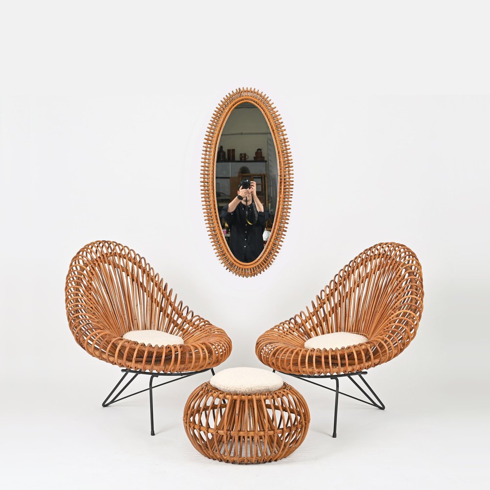 Rattan Chairs, Pouf and Mirror attributed to Janine Abraham & Dirk Jan Rol, 1960s, Set of 4