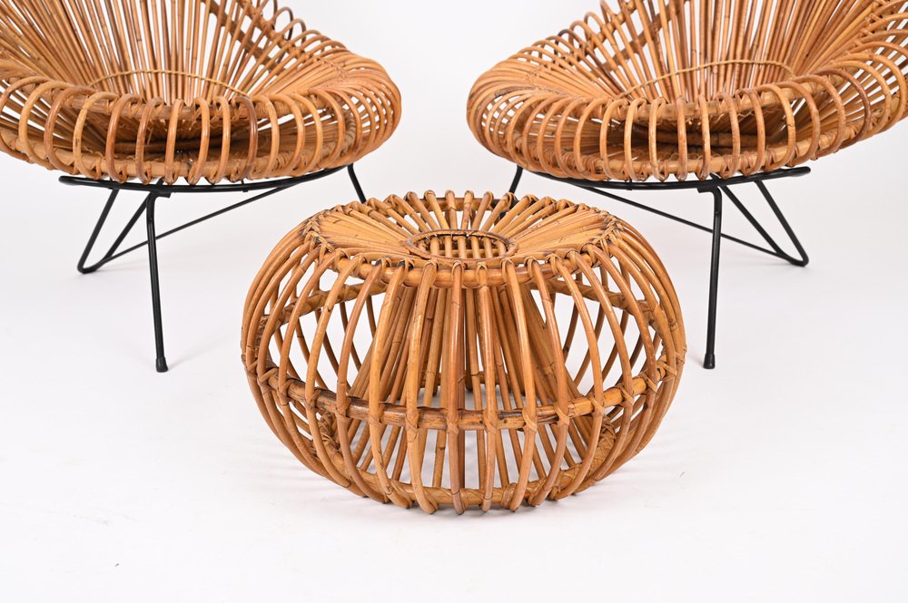 Rattan Chairs, Pouf and Mirror attributed to Janine Abraham & Dirk Jan Rol, 1960s, Set of 4