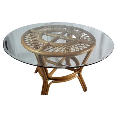 Rattan Dining Table with Clear Glass Tray, 1970s-QCI-1735824