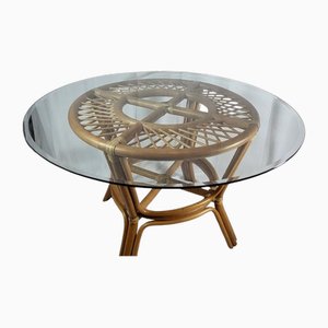 Rattan Dining Table with Clear Glass Tray, 1970s-QCI-1735824