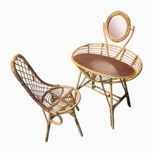 Rattan Dressing Table and Chair, Set of 2-HLV-1819754