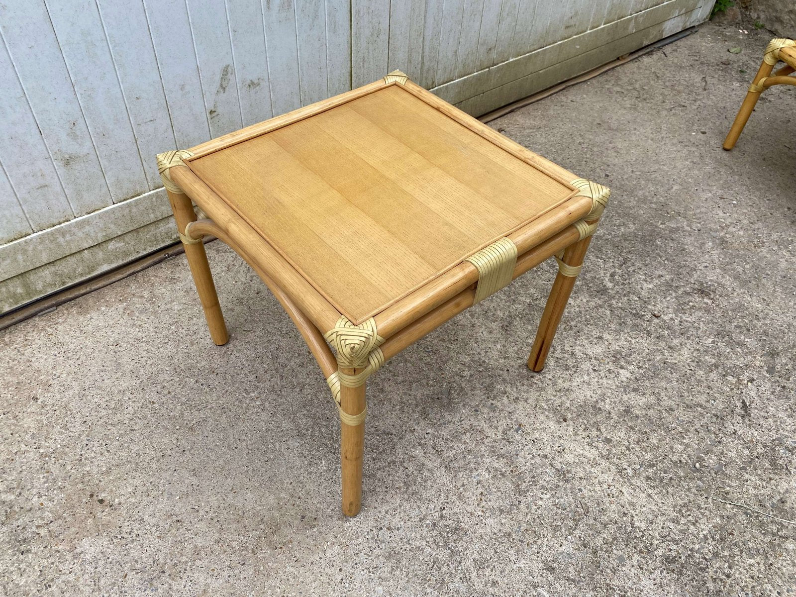 Rattan End Table with 1 Shelf in Vintage Oak Veneer from Maugrion, 1980s