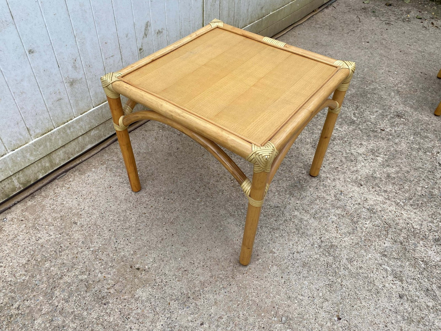 Rattan End Table with 1 Shelf in Vintage Oak Veneer from Maugrion, 1980s