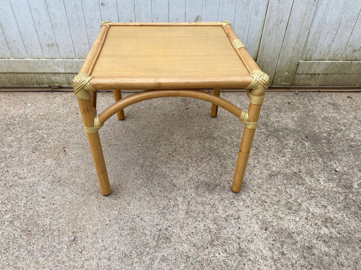 Rattan End Table with 1 Shelf in Vintage Oak Veneer from Maugrion, 1980s