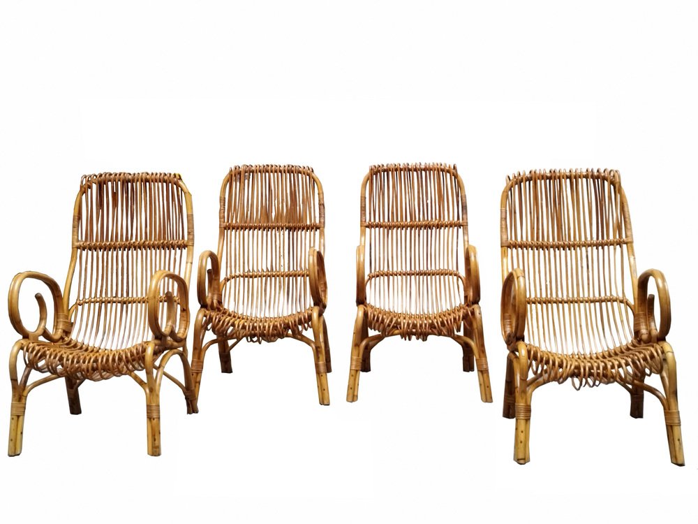 Rattan Round Dining Table Set with Matching Chairs by Franco Albini, Italy, 1960s, Set of 5