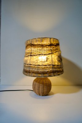 Rattan Table Lamp with Wool Lampshade, France, 1960s-DKT-2020464