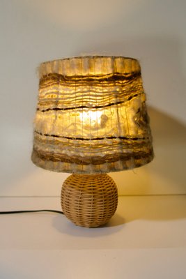 Rattan Table Lamp with Wool Lampshade, France, 1960s-DKT-2020464