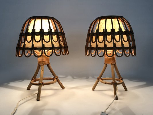 Rattan Table Lamps in the style of Louis Sognot, 1950s, Set of 2-MZP-2023453