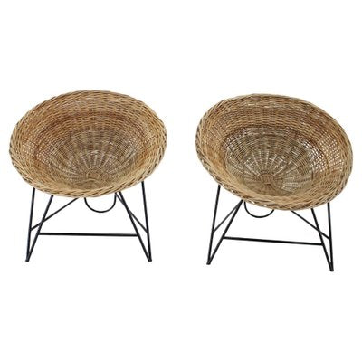 Rattan Woven Basket Chair with Hairpin Legs, 1960s, Set of 2-TZ-1313407