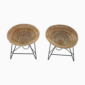 Rattan Woven Basket Chair with Hairpin Legs, 1960s, Set of 2-TZ-1313407