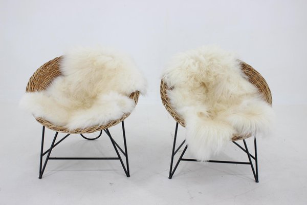 Rattan Woven Basket Chair with Icelandic Sheepskin, 1960s, Set of 2-TZ-1313410