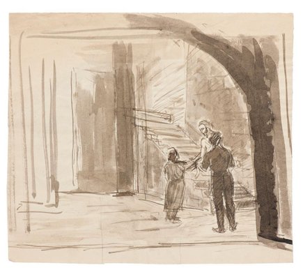 Raymond Cazanove, in the Crypt, Original Ink and Watercolor, Mid-20th Century-ZCI-820914