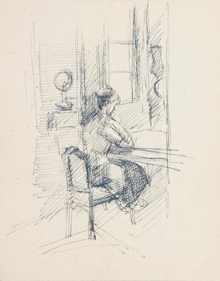 Raymond Cazanove, Reader, Original Pen on Paper, Mid-20th Century-ZCI-820911