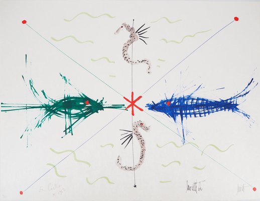 Raymond Moretti and Jean Cocteau, Fish and Seahorses, Original Lithograph-KHH-2044097