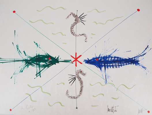 Raymond Moretti and Jean Cocteau, Fish and Seahorses, Original Lithograph-KHH-2044097