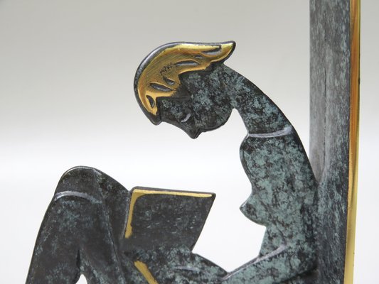 Reading Girl Bookends in Brass with Black-Green Patina, 1950s, Set of 2-EY-975006