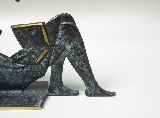 Reading Girl Bookends in Brass with Black-Green Patina, 1950s, Set of 2-EY-975006