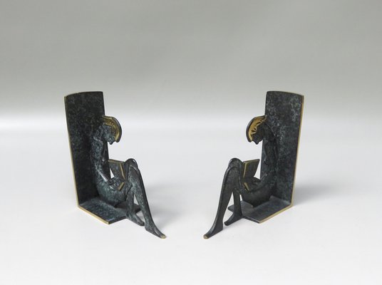 Reading Girl Bookends in Brass with Black-Green Patina, 1950s, Set of 2-EY-975006