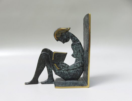 Reading Girl Bookends in Brass with Black-Green Patina, 1950s, Set of 2-EY-975006