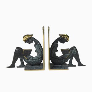 Reading Girl Bookends in Brass with Black-Green Patina, 1950s, Set of 2-EY-975006