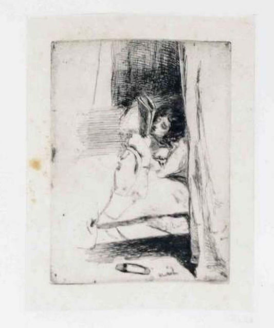 Reading in Bed - Original Etching by J.A.M. Whistler - 1858 1858