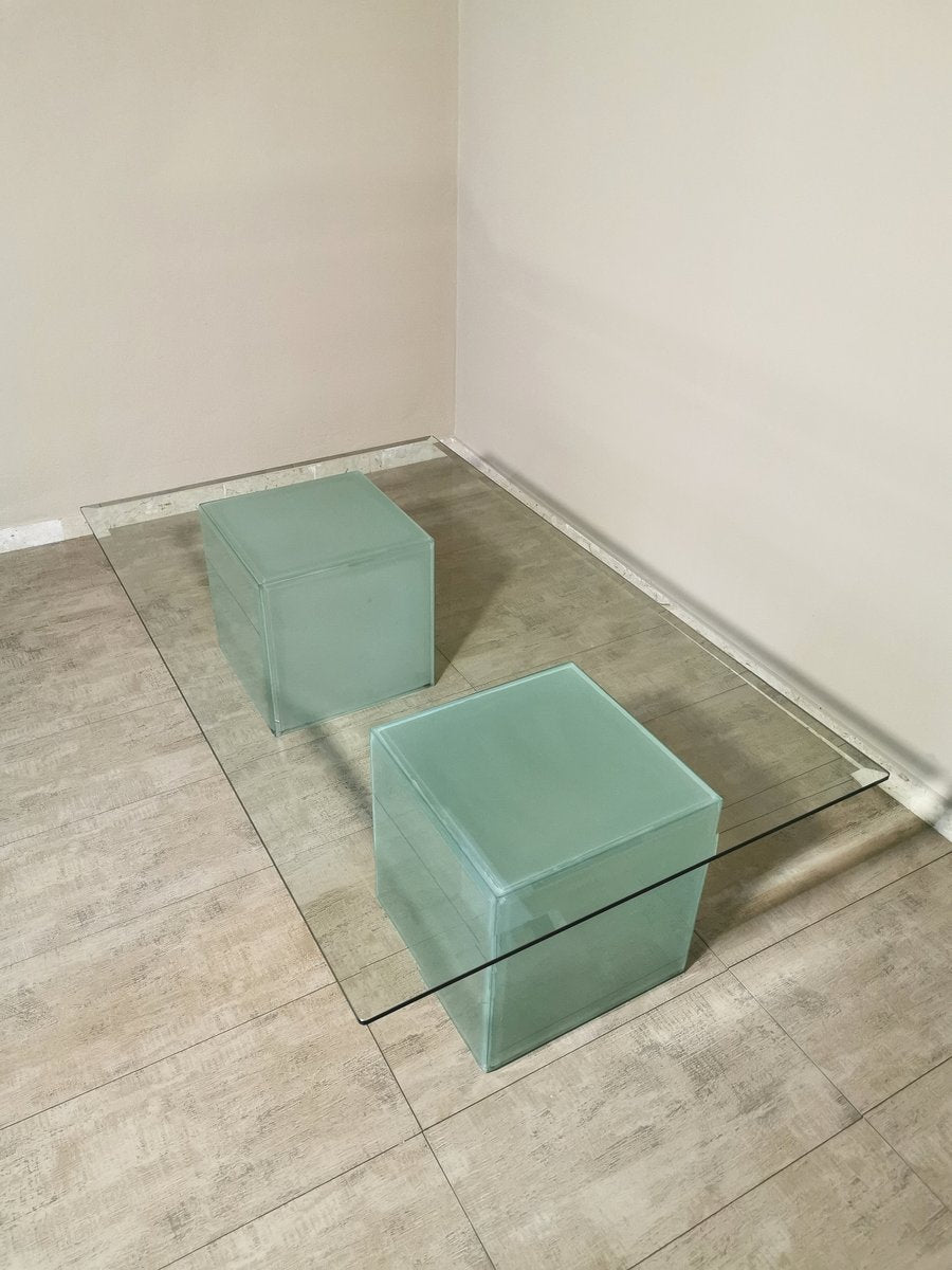 Rectangular Coffee Table with Top in Bevelled Glass & 2 Frosted Glass Cubes, 1980s