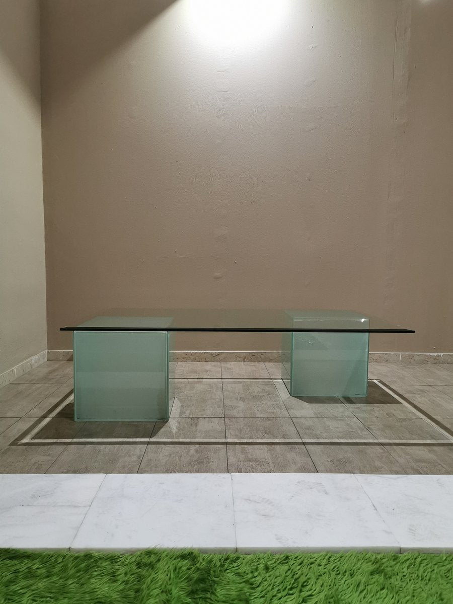 Rectangular Coffee Table with Top in Bevelled Glass & 2 Frosted Glass Cubes, 1980s