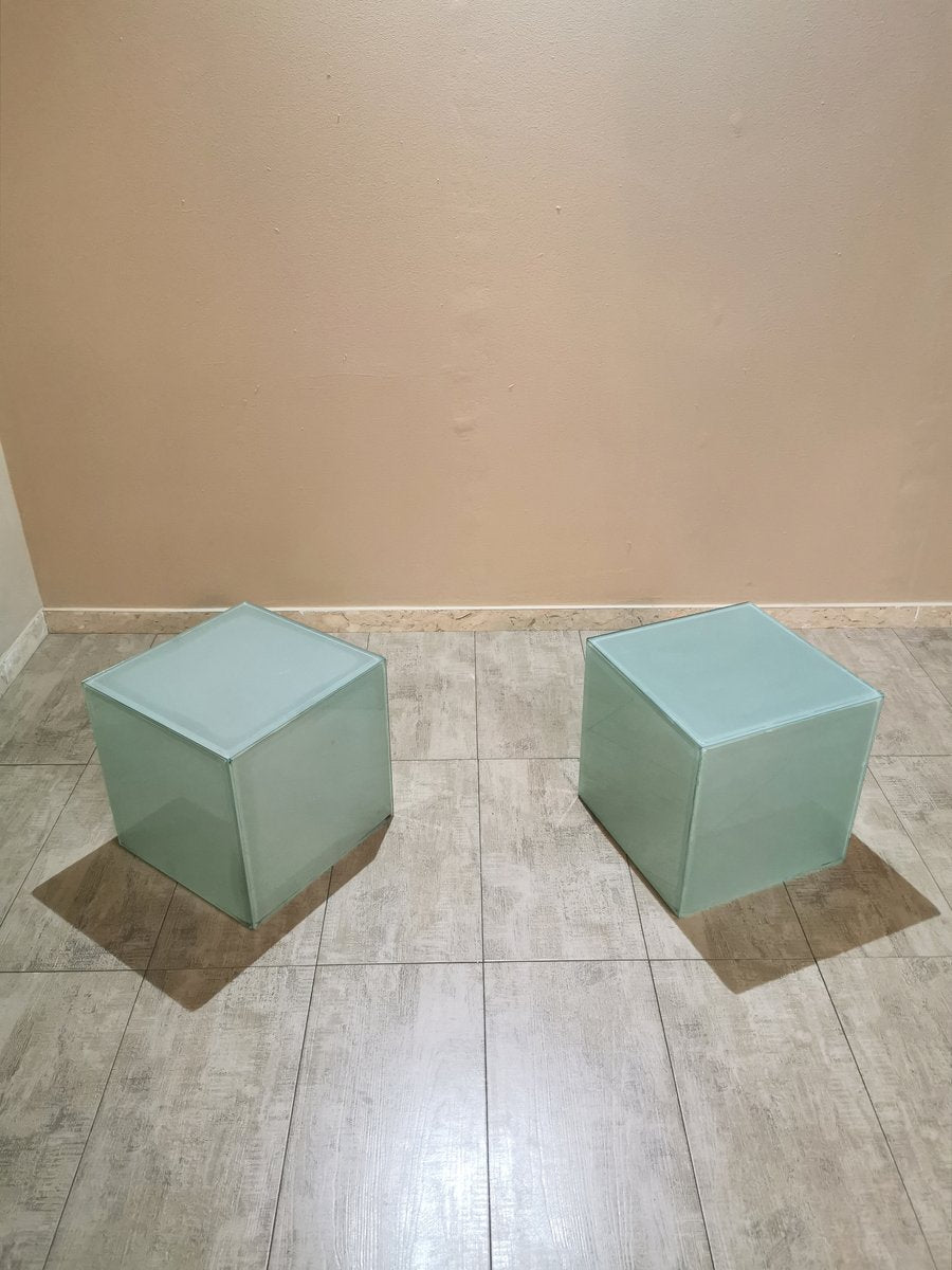 Rectangular Coffee Table with Top in Bevelled Glass & 2 Frosted Glass Cubes, 1980s