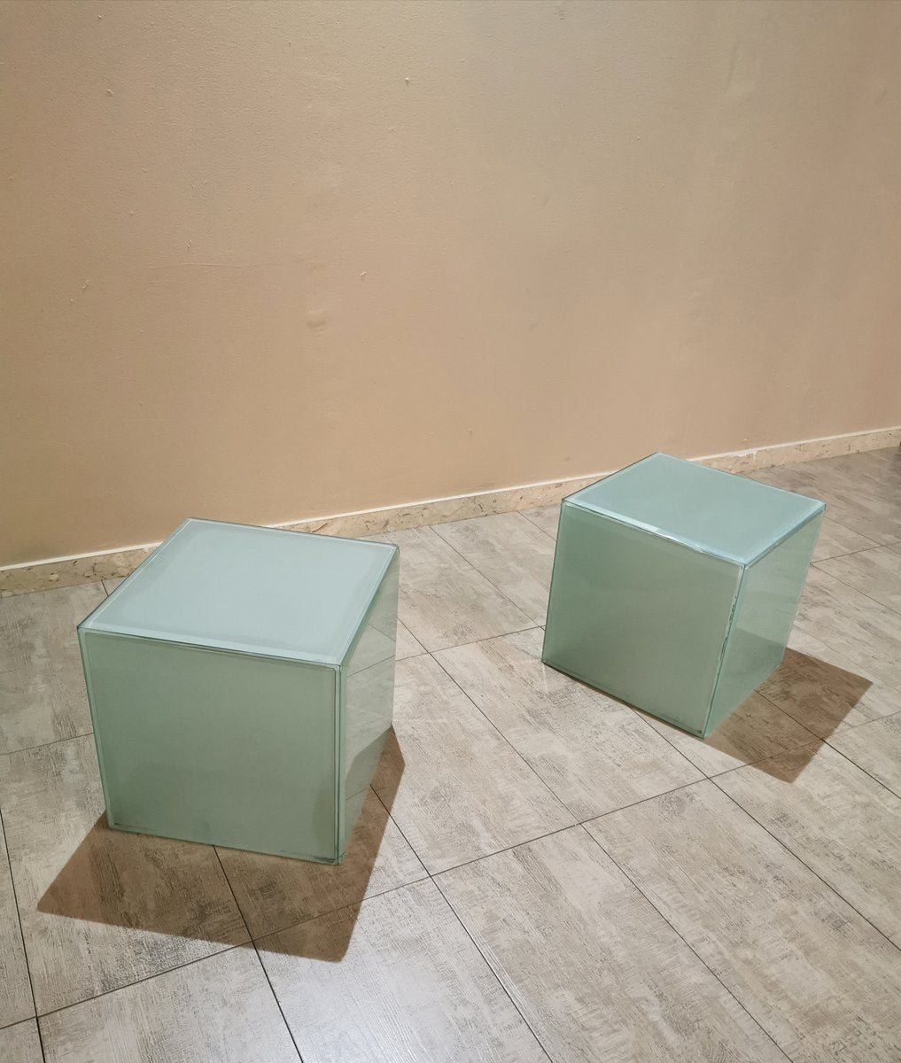 Rectangular Coffee Table with Top in Bevelled Glass & 2 Frosted Glass Cubes, 1980s