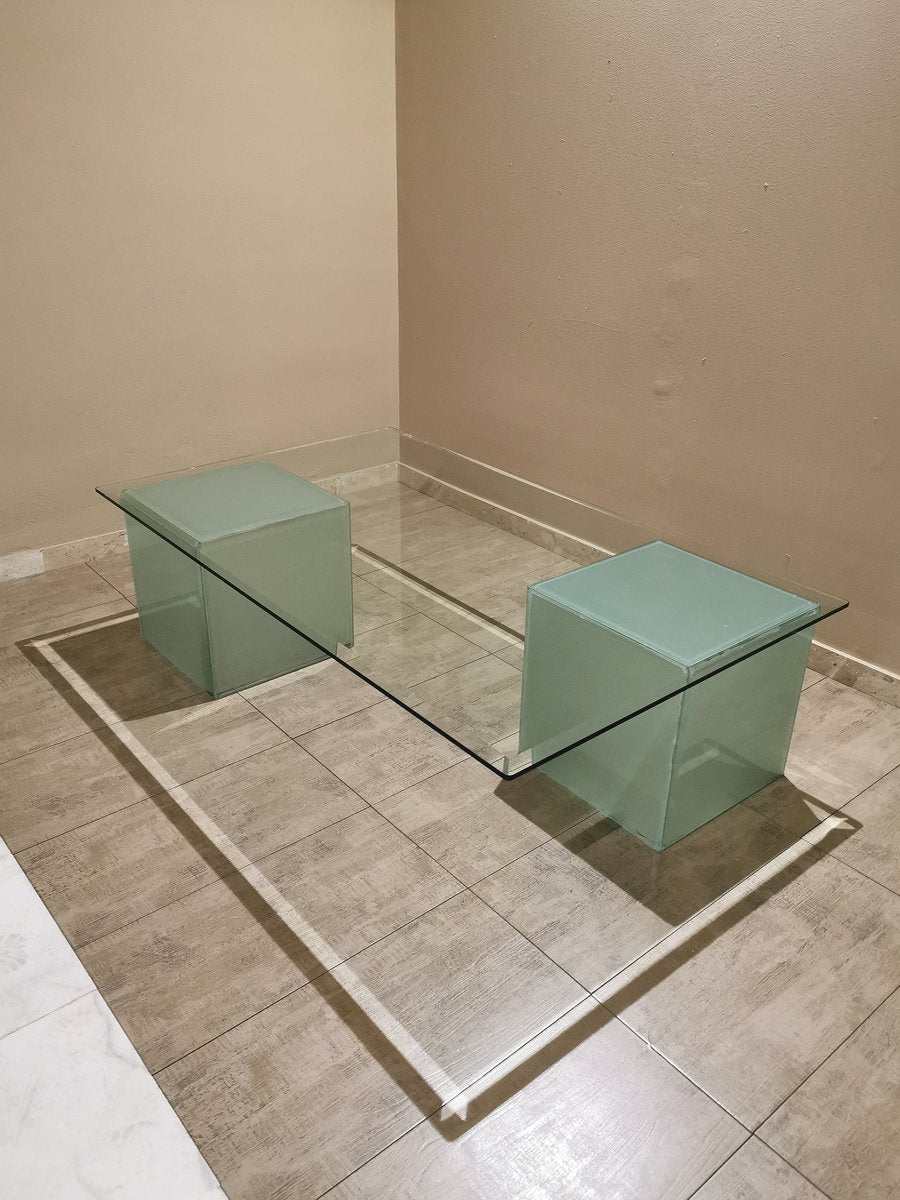 Rectangular Coffee Table with Top in Bevelled Glass & 2 Frosted Glass Cubes, 1980s