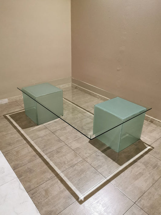 Rectangular Coffee Table with Top in Bevelled Glass & 2 Frosted Glass Cubes, 1980s