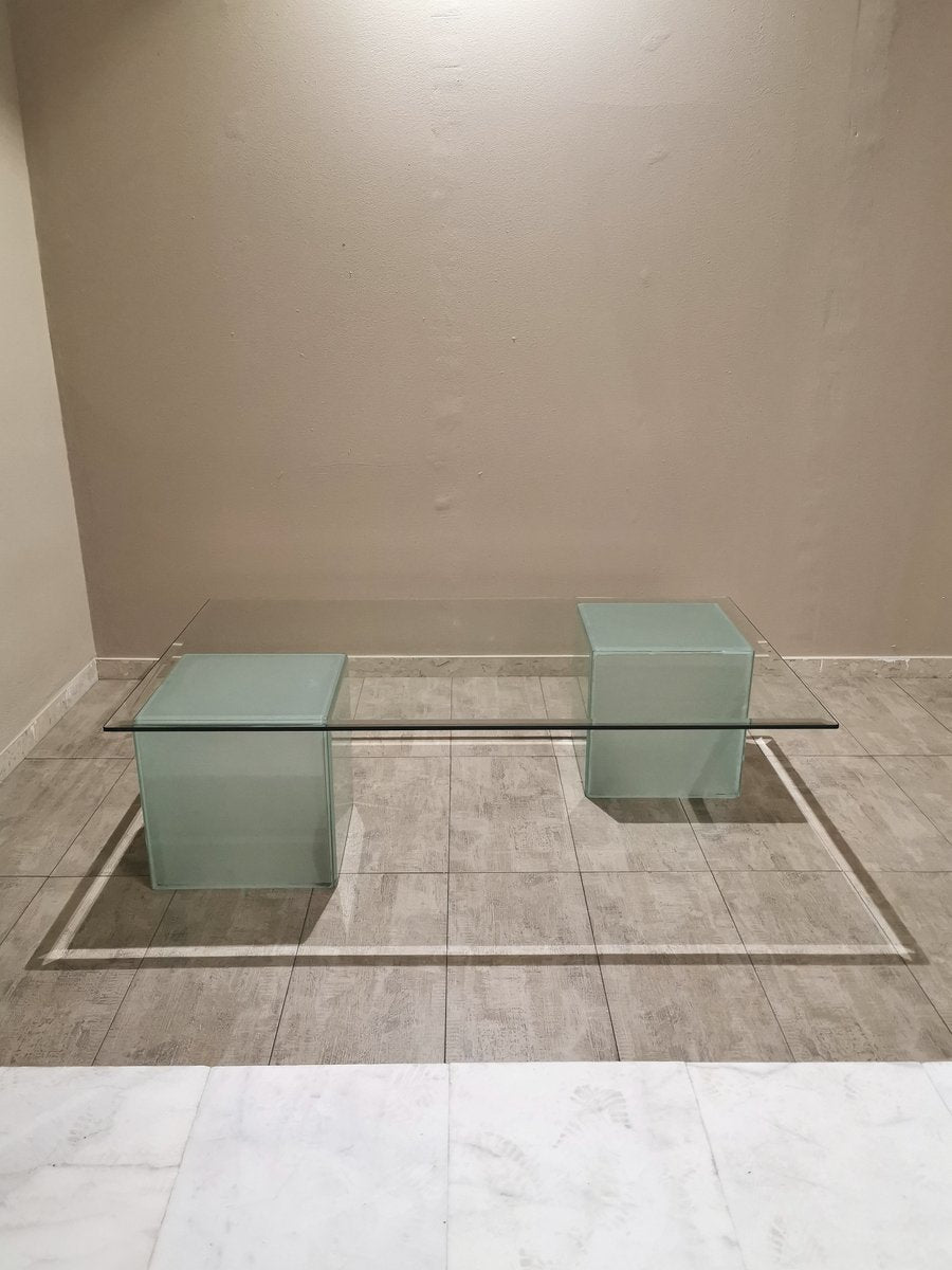 Rectangular Coffee Table with Top in Bevelled Glass & 2 Frosted Glass Cubes, 1980s